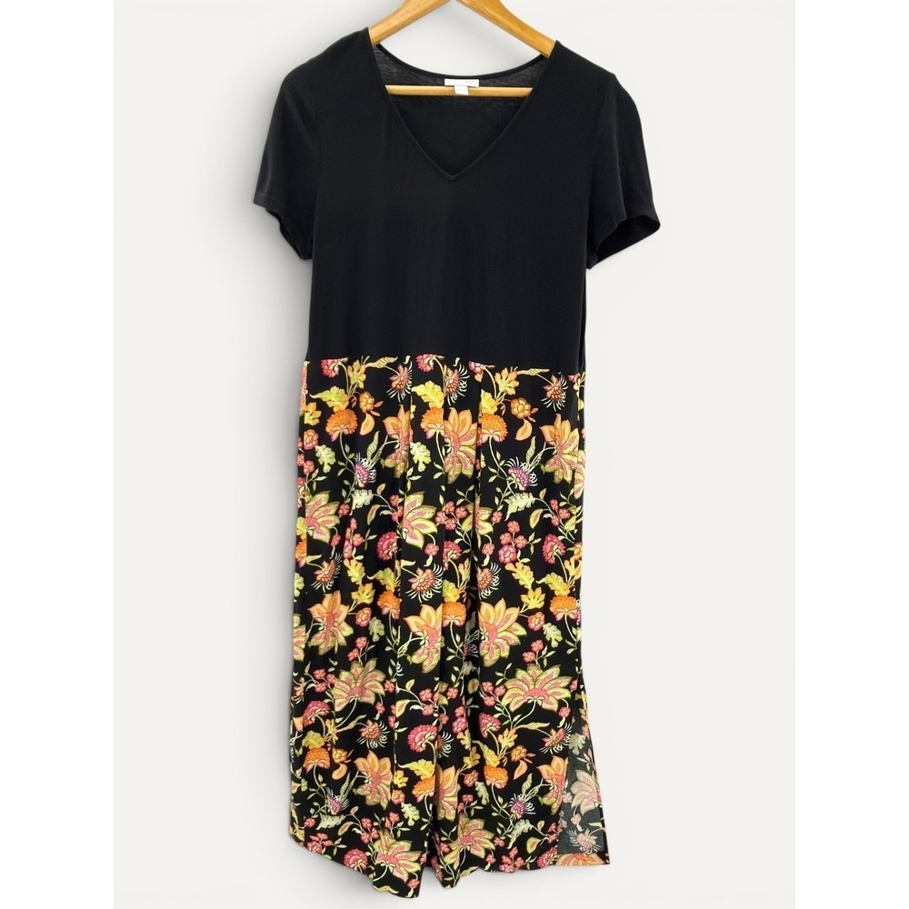 J.J. Jill Floral Midi Dress M Petite Black V-Neck Dress Modest Pockets
